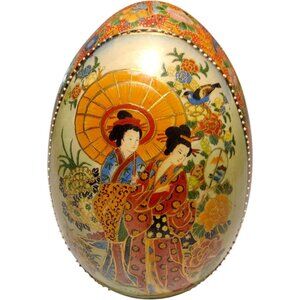 Vintage Antique Japanese Hand-Painted Ladies & Floral Porcelain Egg Large 12"